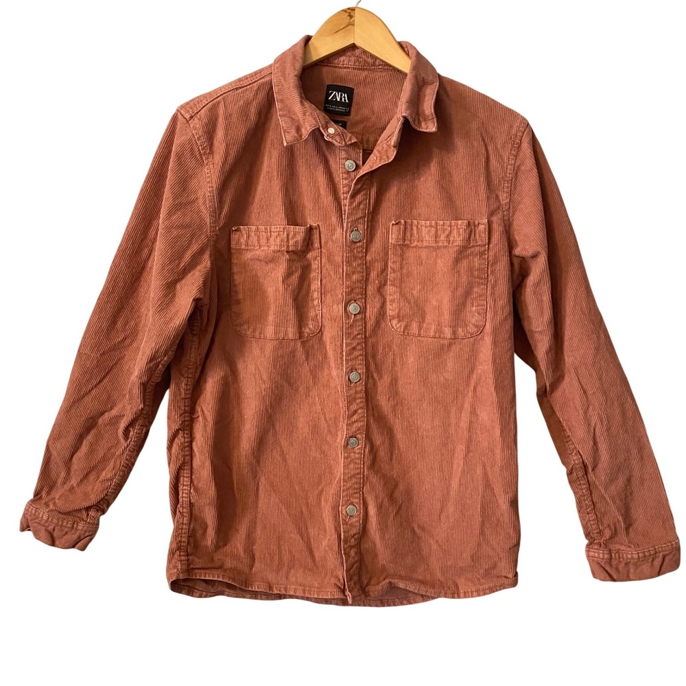 Zara Womens Sz Lg Boho Relaxed Fit Corduroy Button Down Shirt Terracotta Shacket